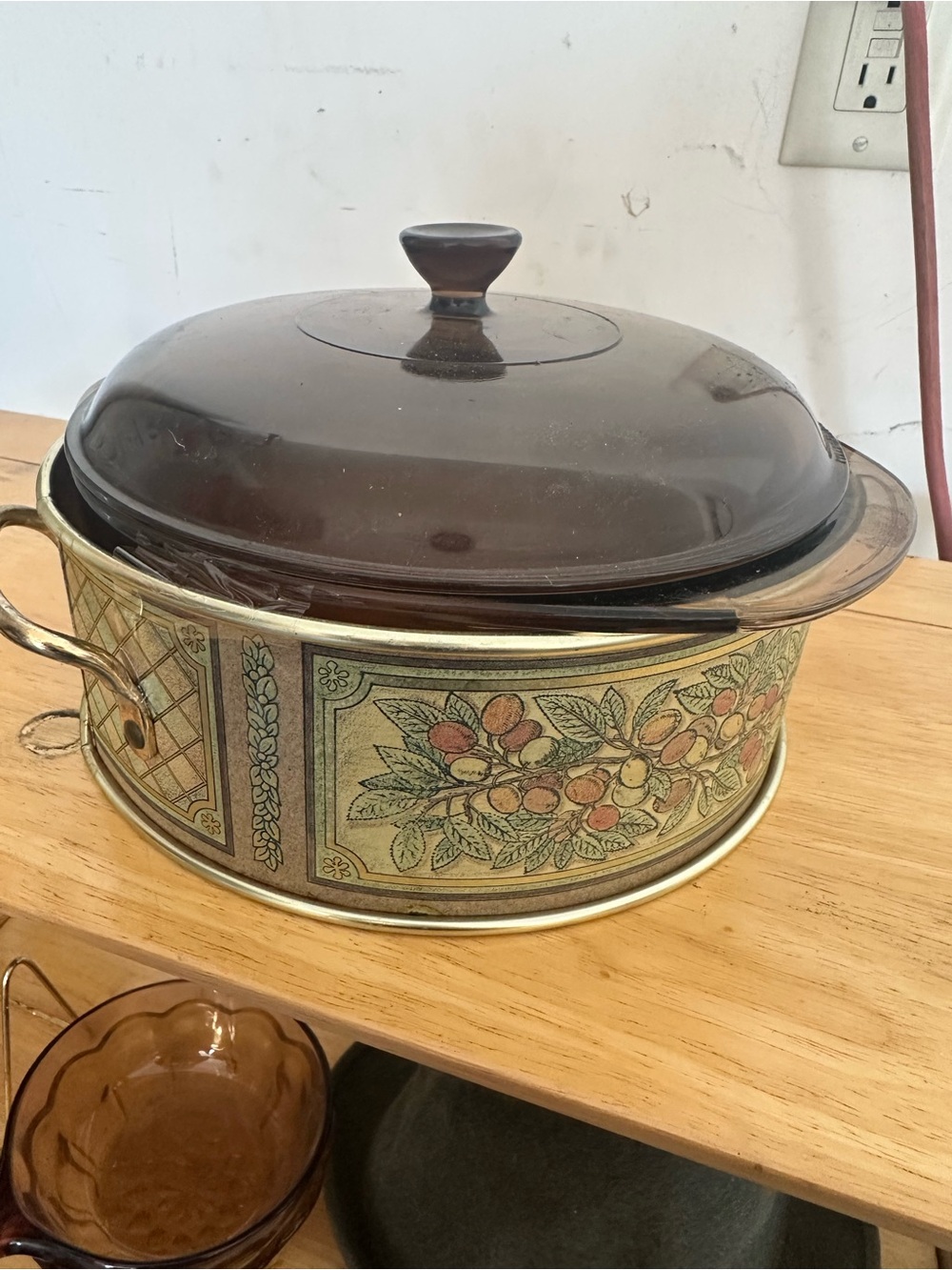 Pyrex Amber Glass Lidded Casserole with Gold Fruit Design